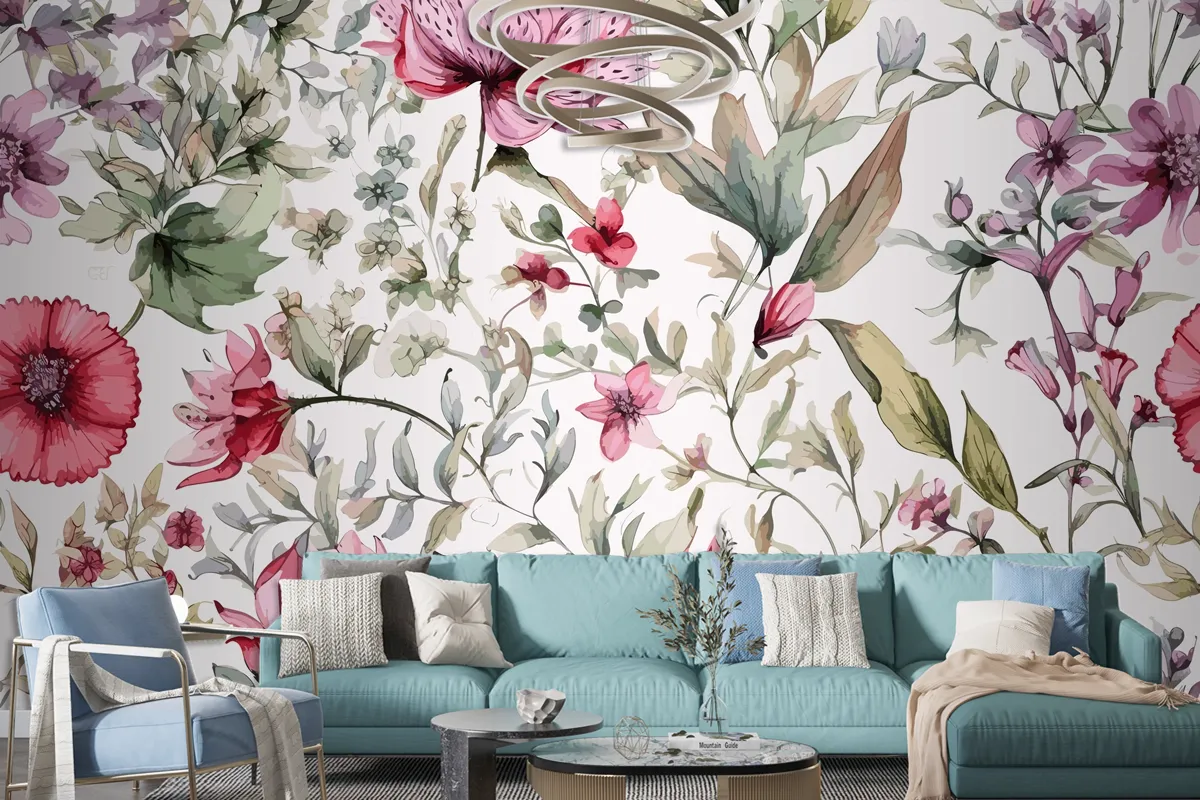 Colourful Floral Background With Leaves Wallpaper Mural