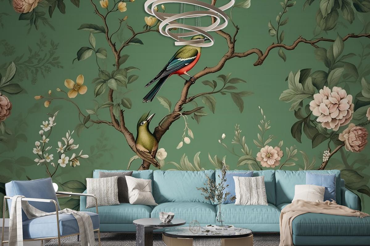 Flowers Branches Birds Golden Brushstrokes Wallpaper Mural