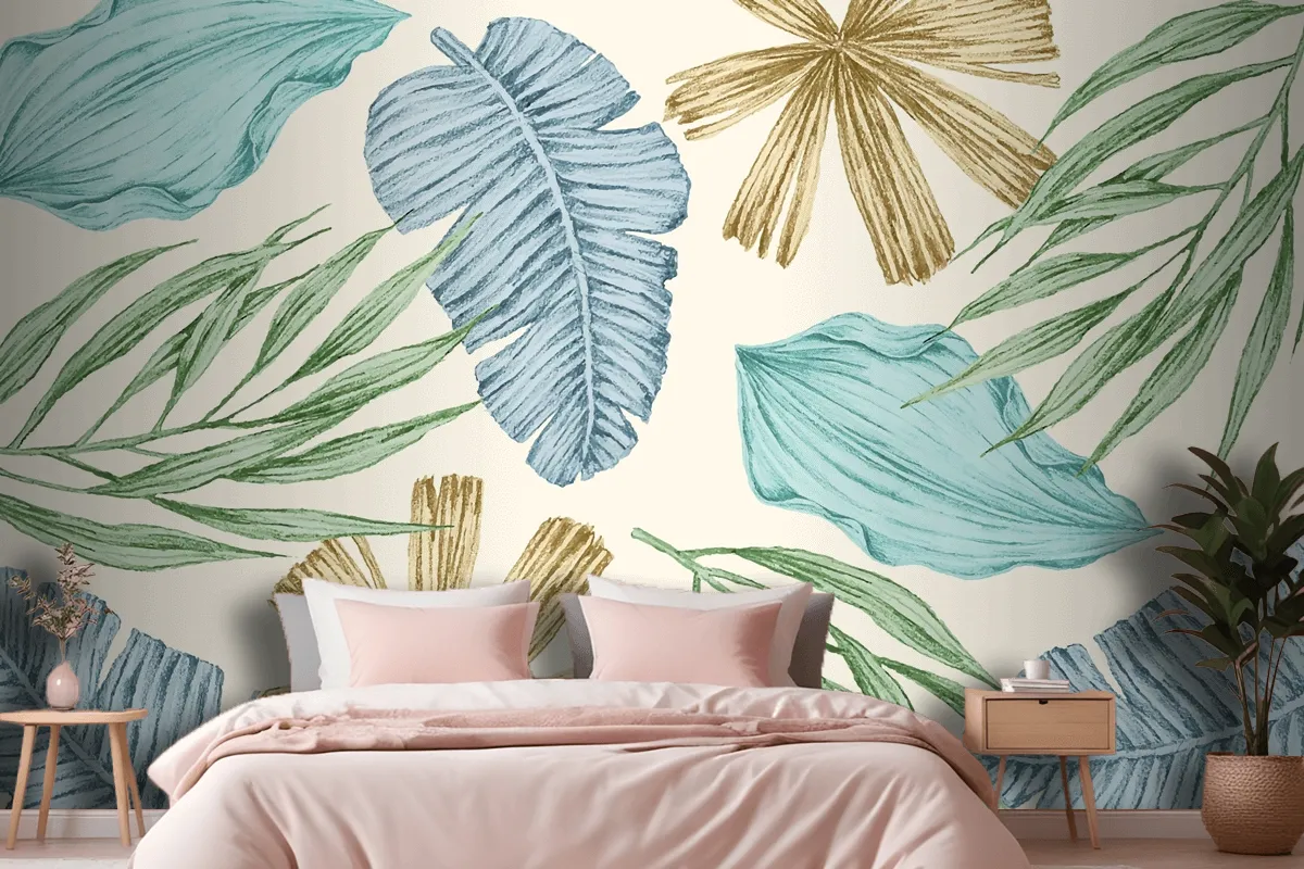 Tropical Background With Vintage Leaves Wallpaper Mural