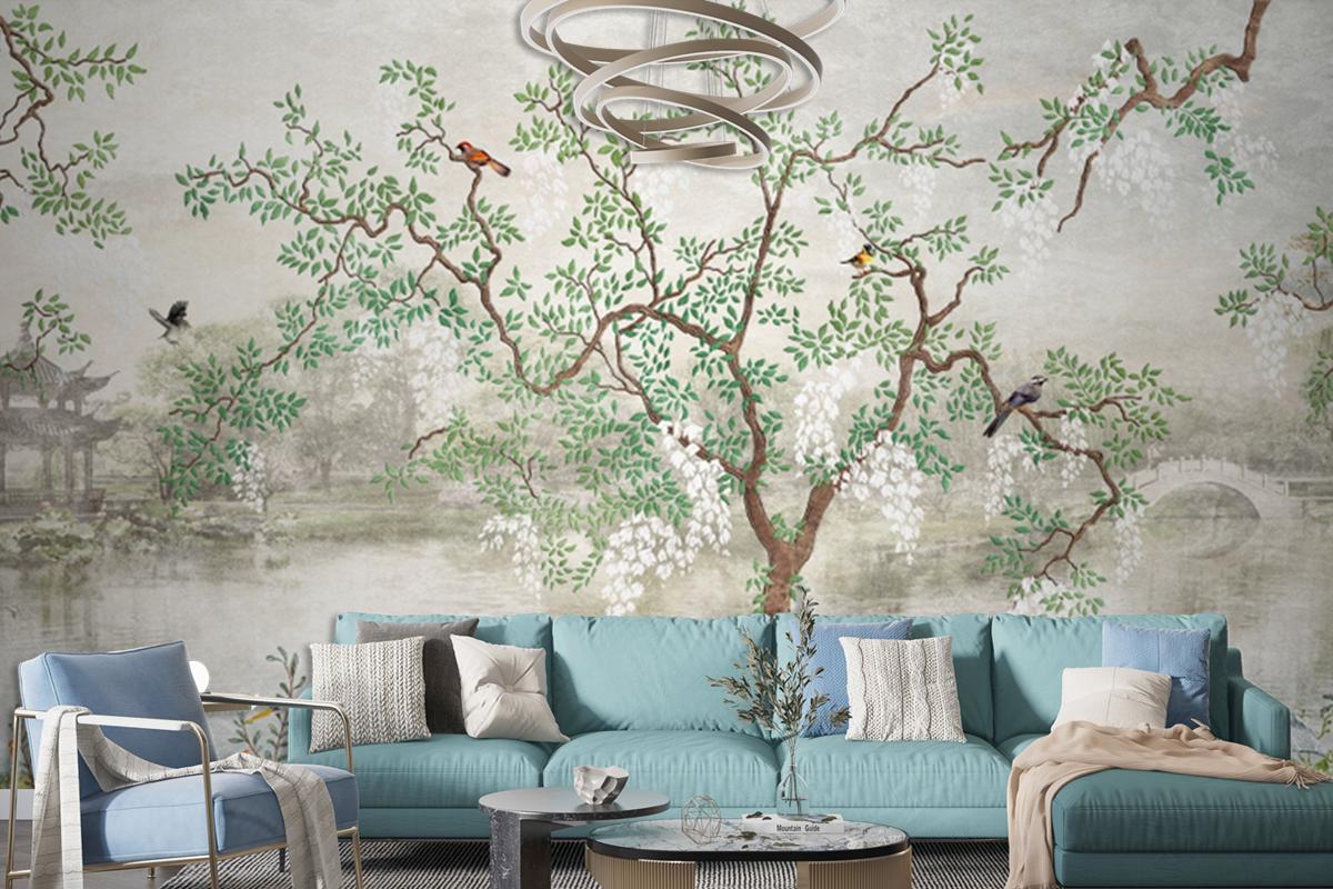 Tree By The Lake Misty Landscape Birds In Japanese Garden Wallpaper Mural