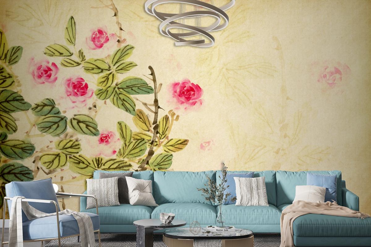 Chinese Traditional Painting Of Rose Flower On Old Paper Wallpaper Mural