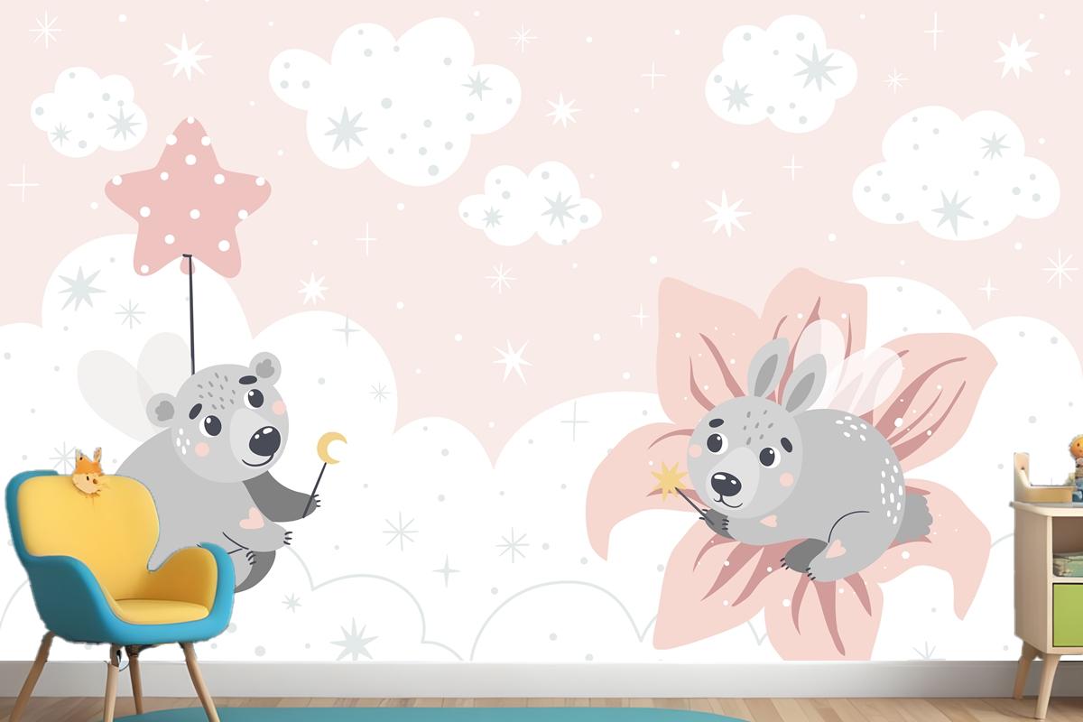 Cute Fairytale Animals On The Clouds Suitable For Printing Wallpaper Mural