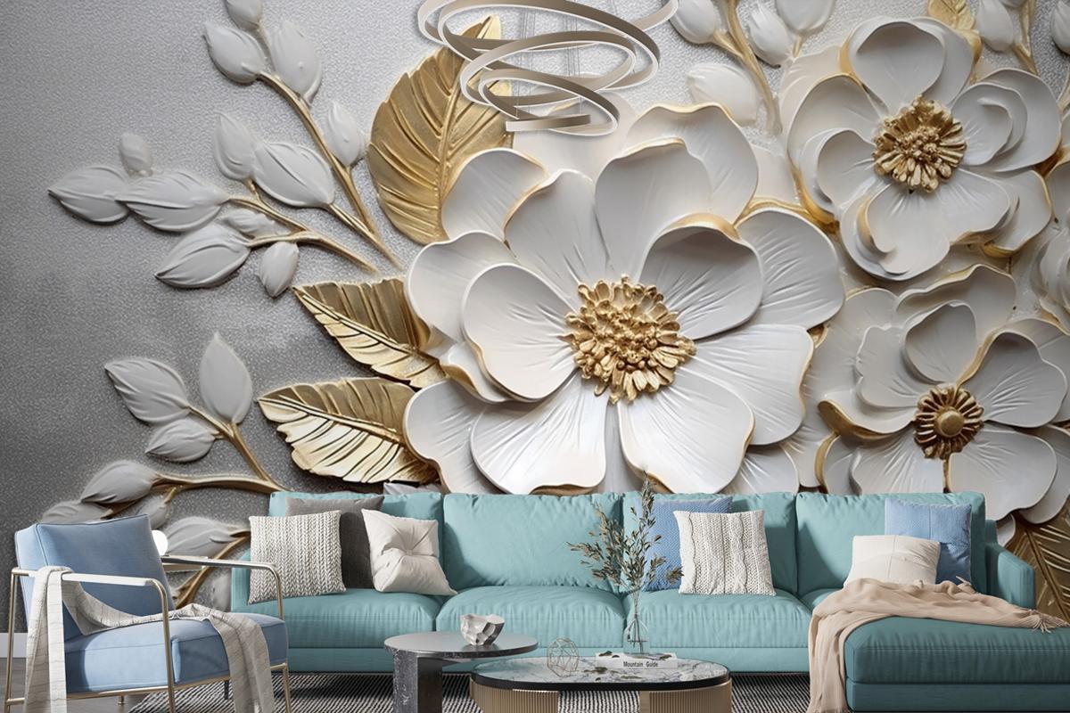 Abstract Artistic Flowers Branches Gold And Canvas Painting Wallpaper Mural