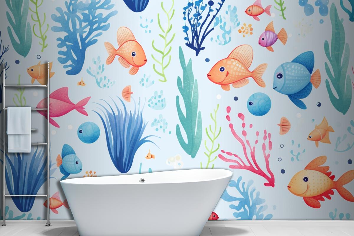 A Colorful Underwater Scene With Fish And Corals Wallpaper Mural