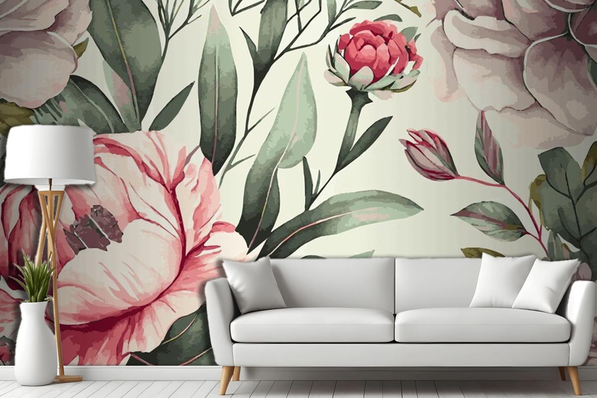 Abstract Floral Art Background Template Botanical Watercolor Hand Drawn Flowers Wallpaper Mural