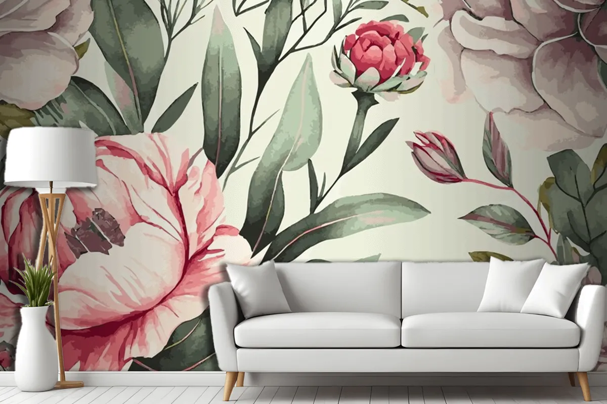 Abstract Floral Art Background Template Botanical Watercolor Hand Drawn Flowers Wallpaper Mural