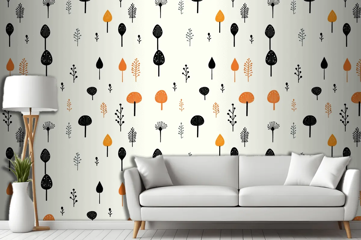 Black Mushroom And Leaf Pattern On A White Living Room Wallpaper Mural