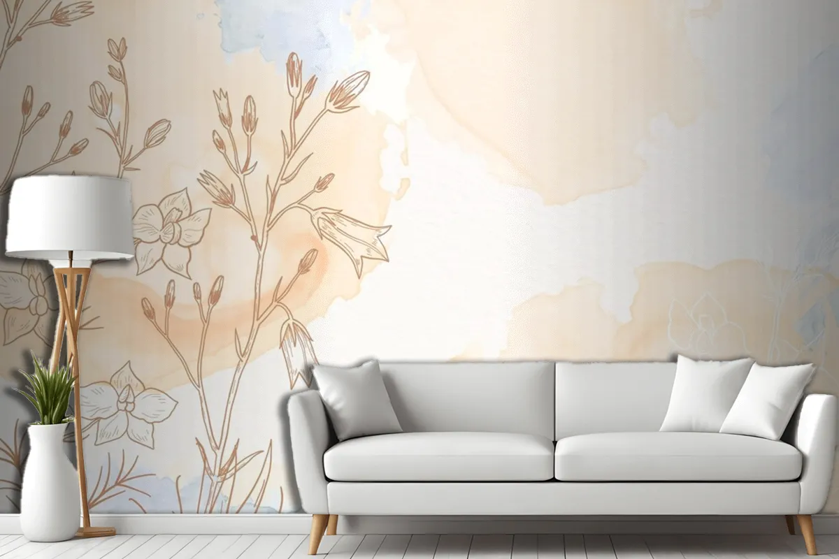 Cream Powder Pastel With Hand Drawn Flowers Living Room Wallpaper Mural