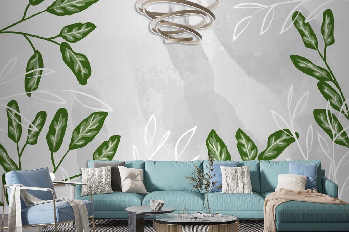 Detailed Leaves With Watercolor Living Room Wallpaper Mural