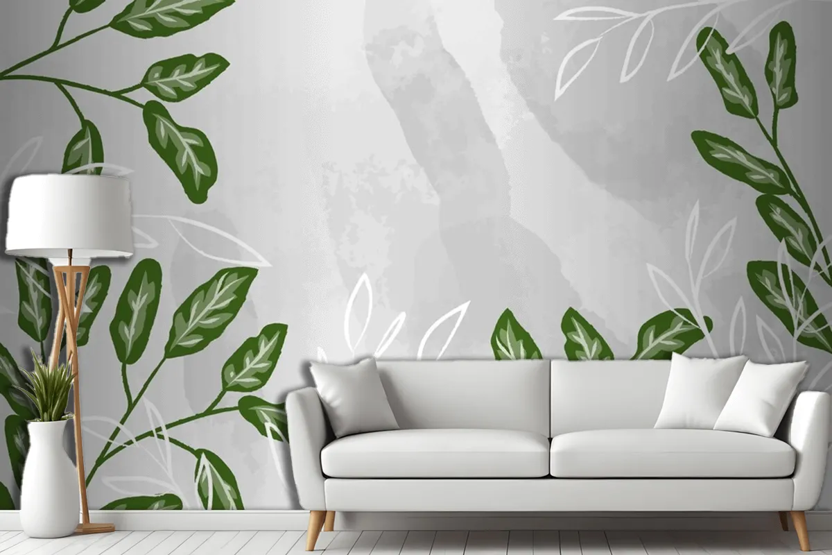 Detailed Leaves With Watercolor Living Room Wallpaper Mural