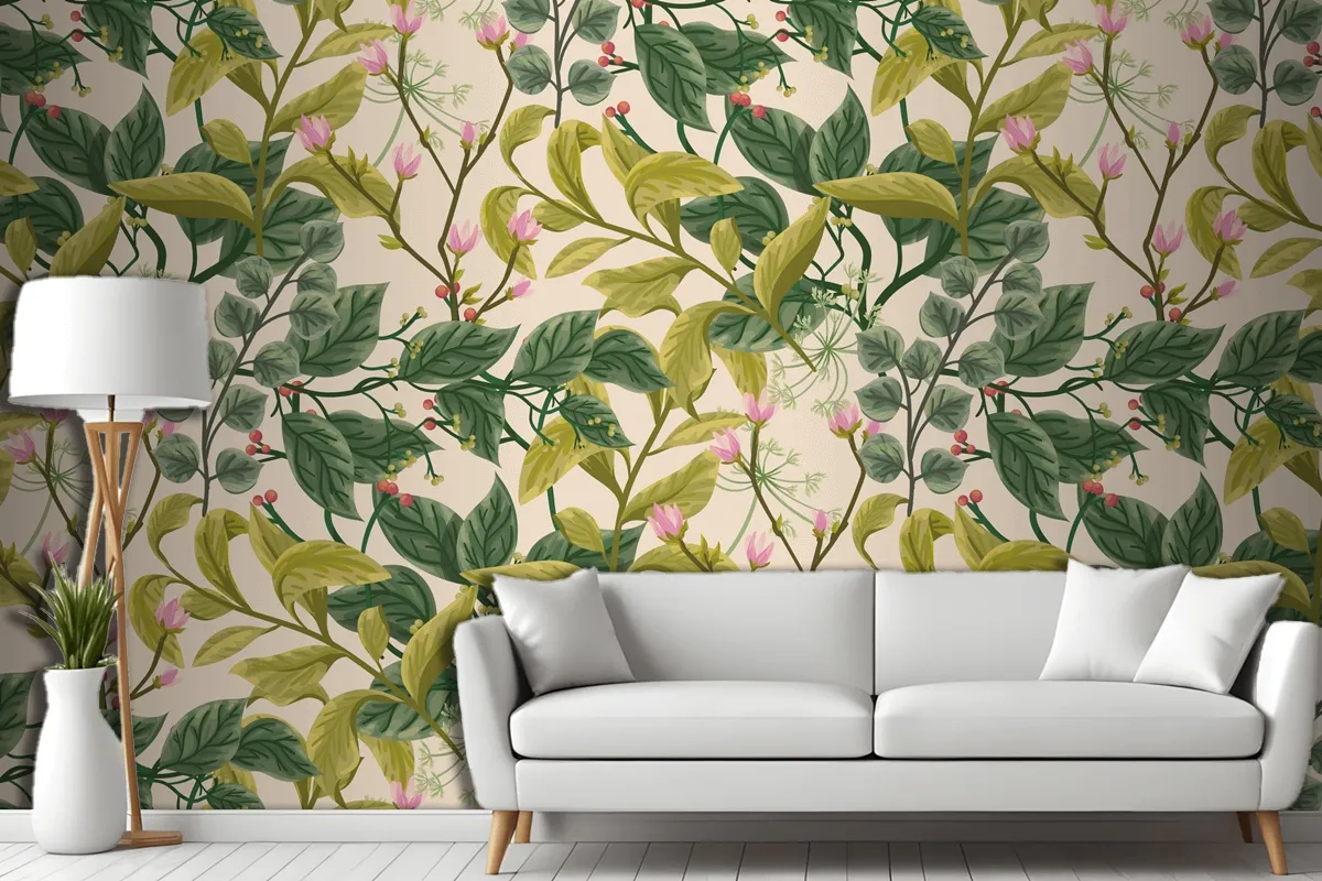 Flower And Leaves Background Living Room Wallpaper Mural