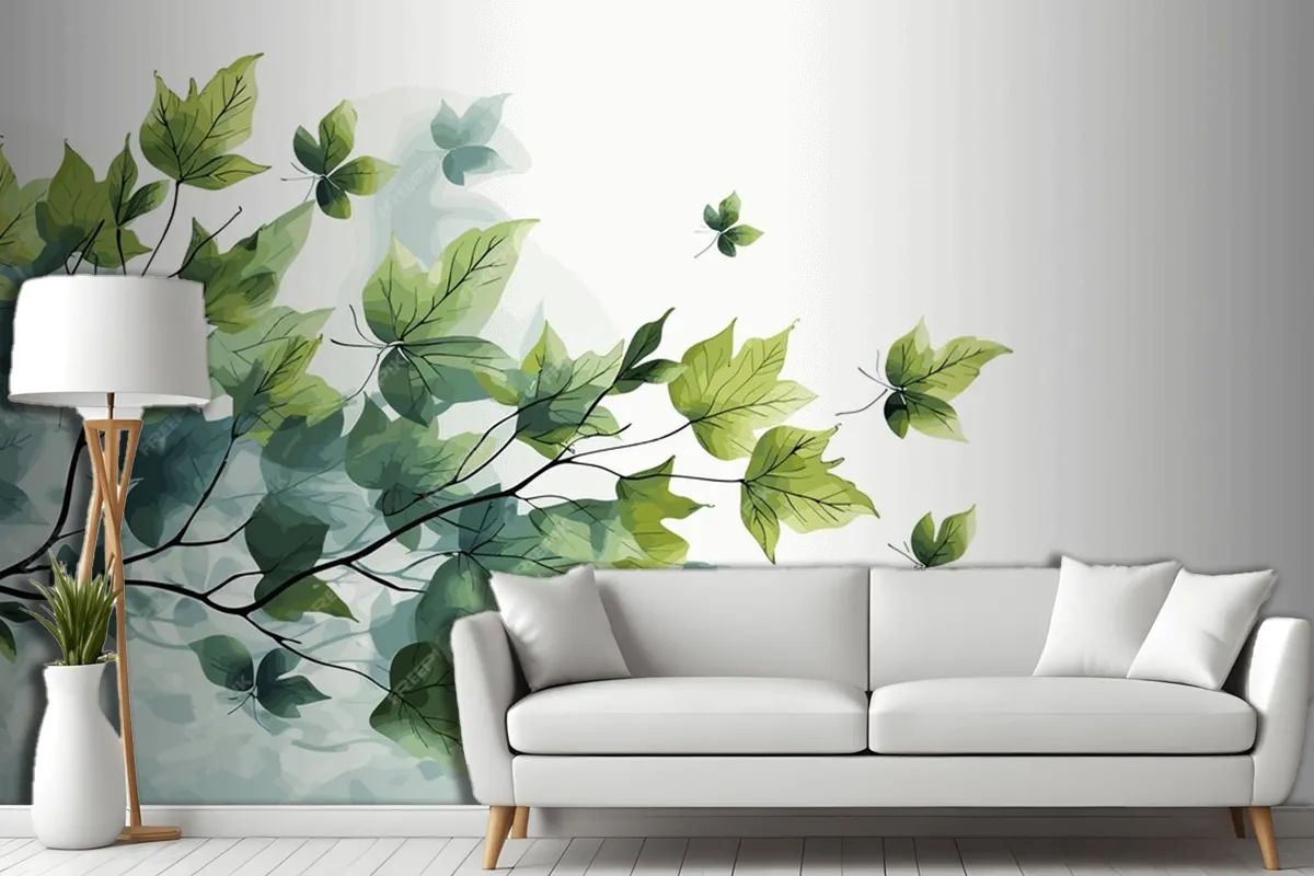 Fresh Baby Spinach Leaves On White Marble Living Room Wallpaper Mural