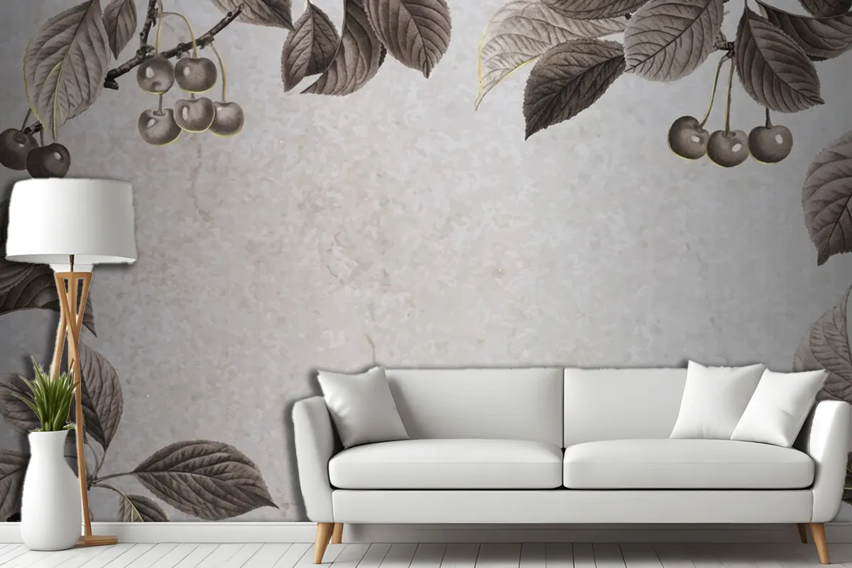 Hand Drawn Cherry Patterned Frame Living Room Wallpaper Mural