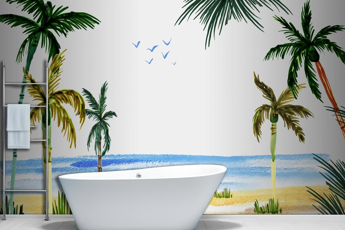 Hand Painted Watercolor Summer Bathroom Wallpaper Mural