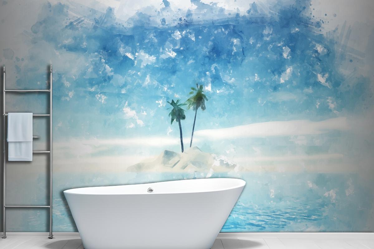 Hand Painted Watercolour Summer Palm Tree Island Wallpaper Mural