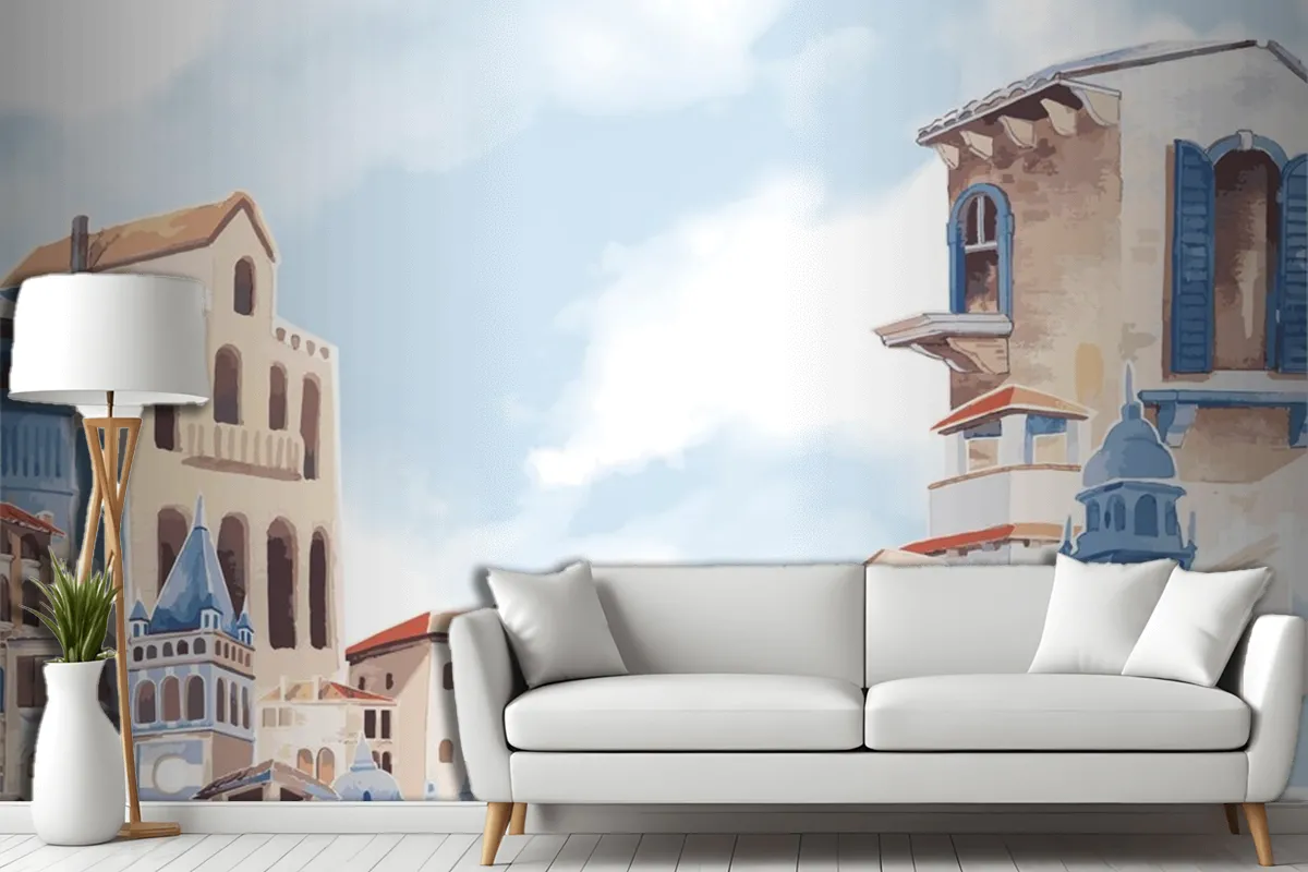 Mediterranean City Building Exterior Water Color Style Wallpaper Mural