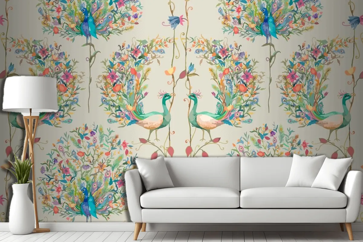 Pattern Background With Watercolor Peacock And Flower Living Room Wallpaper Mural