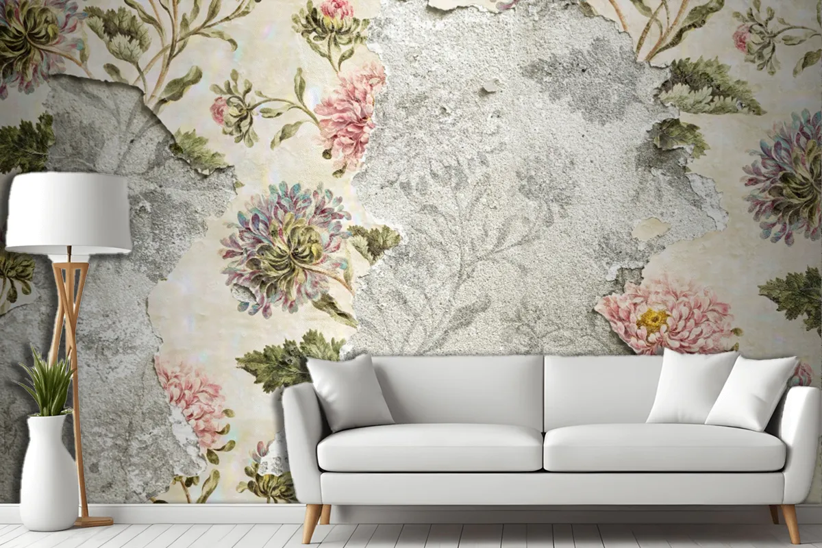 Peeling Floral Wallpaper On Concrete Wallpaper Mural