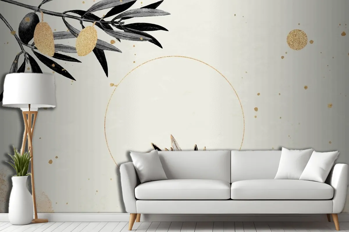 Round Gold Frame With Olive Branches Living Room Wallpaper Mural