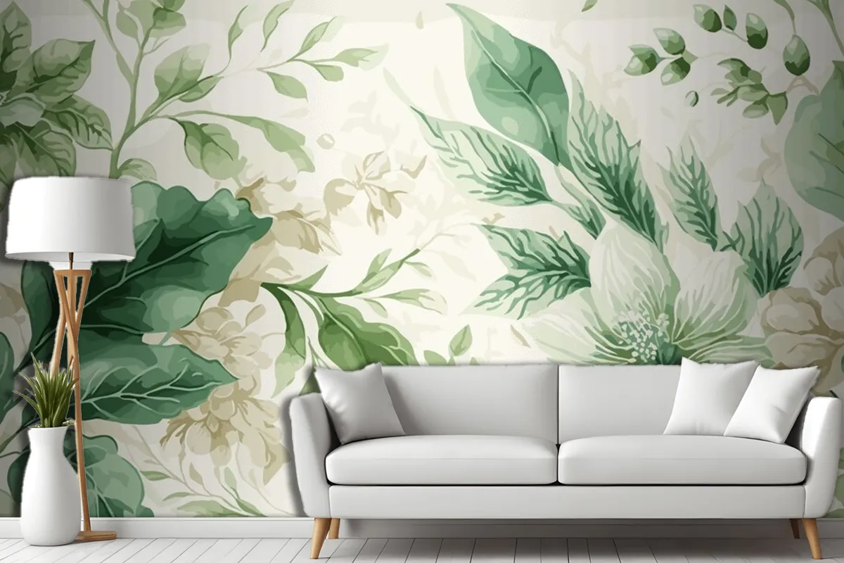 Seamless Watercolor Green And Beige Floral Pattern Living Room Wallpaper Mural