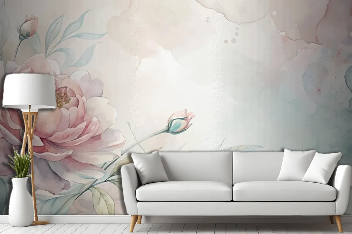 Soft Pastel Floral Watercolor Living Room Wallpaper Mural