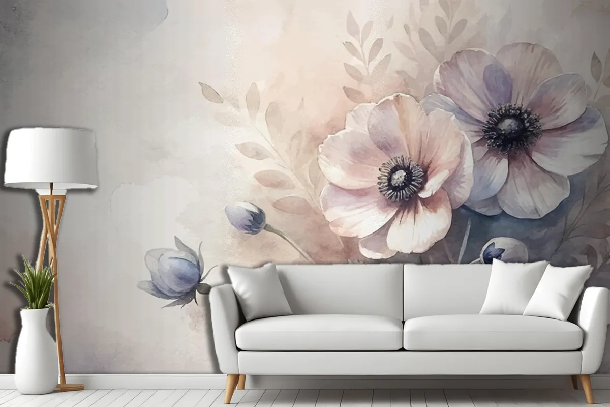 Vintage Anemones Flower Watercolor Background Living Room Wallpaper Mural