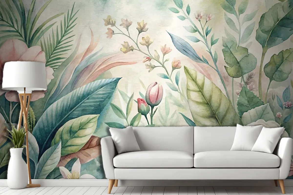 Watercolor Backgrounds Of Various Botanicals And Flowers Living Room Wallpaper Mural