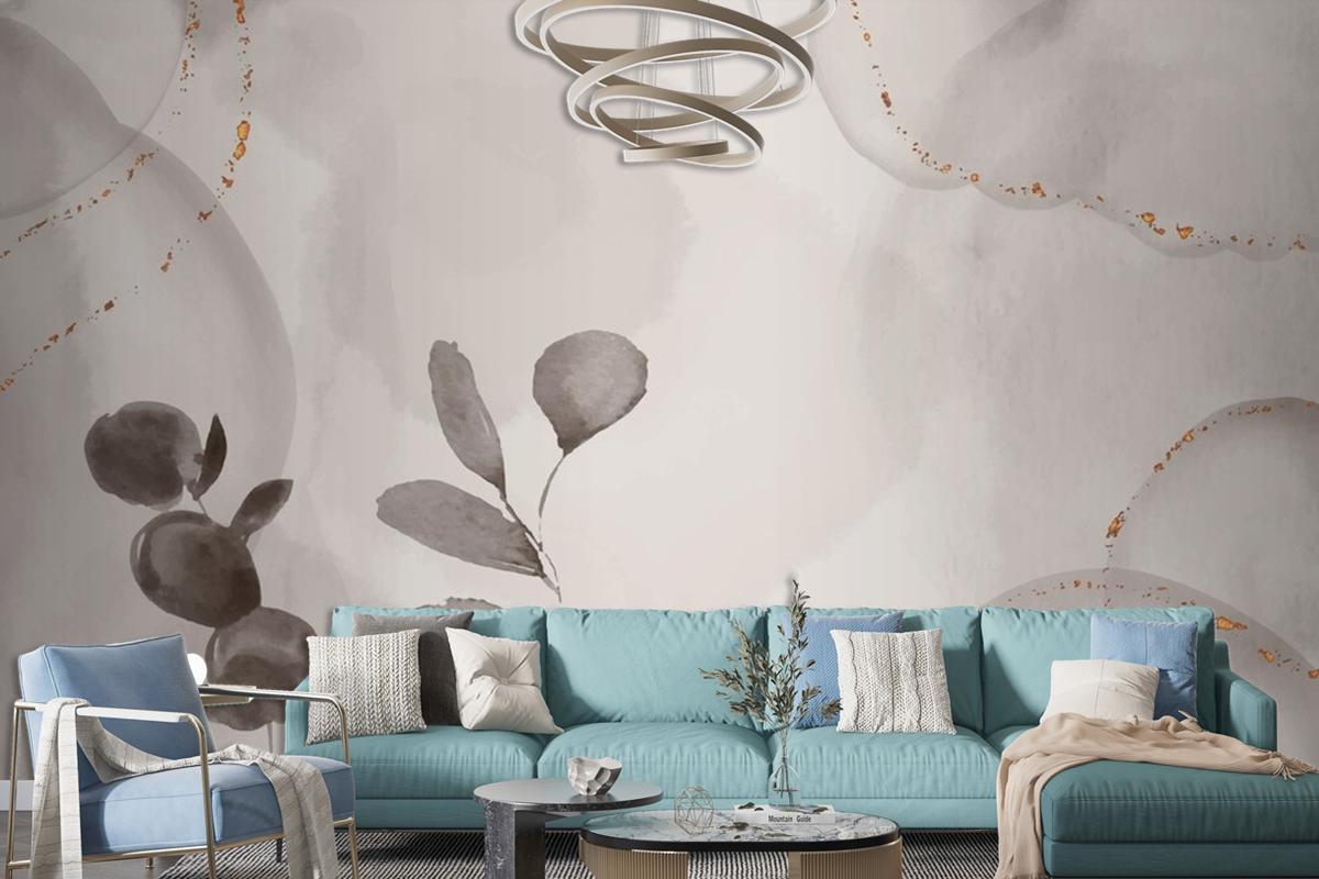 Watercolor Hand Drawn Background With Leaves Living Room Wallpaper Mural