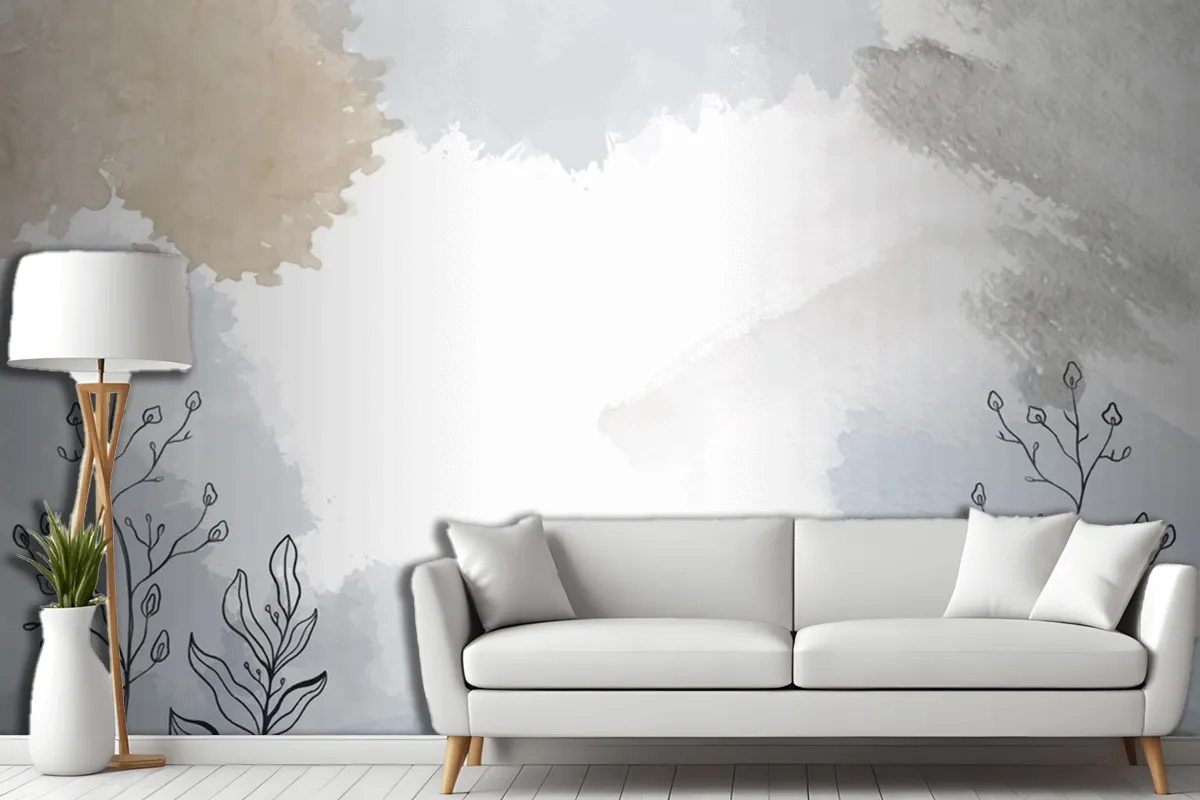 Watercolor Hand Drawn Background With Plants Living Room Wallpaper Mural