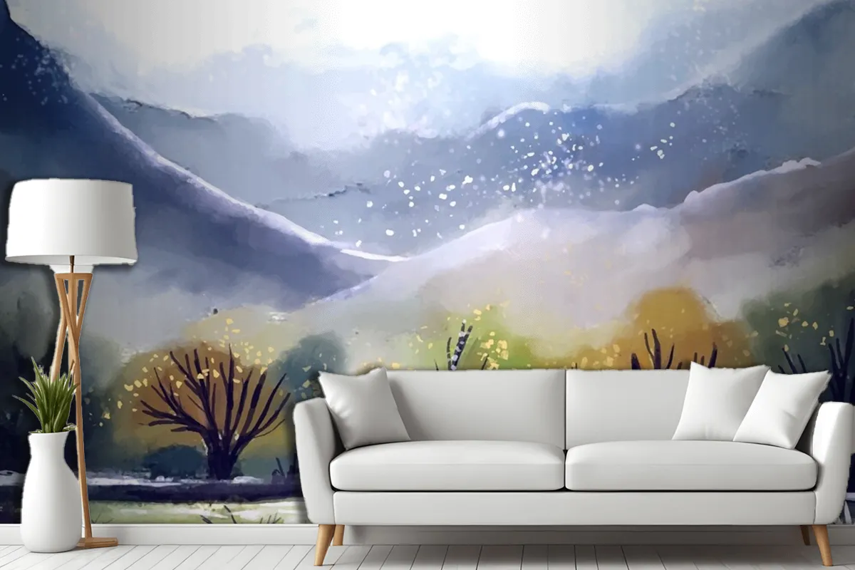 Watercolor Mountain Landscape Living Room Wallpaper Mural