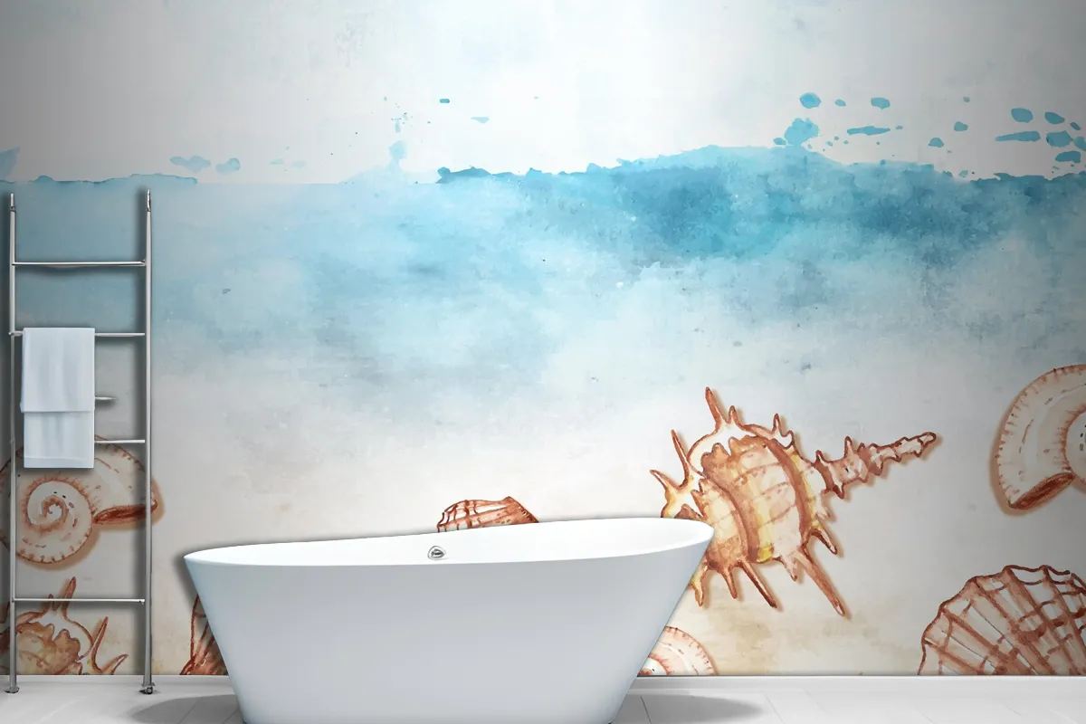 Watercolor Summer Background With Shells Wallpaper Mural