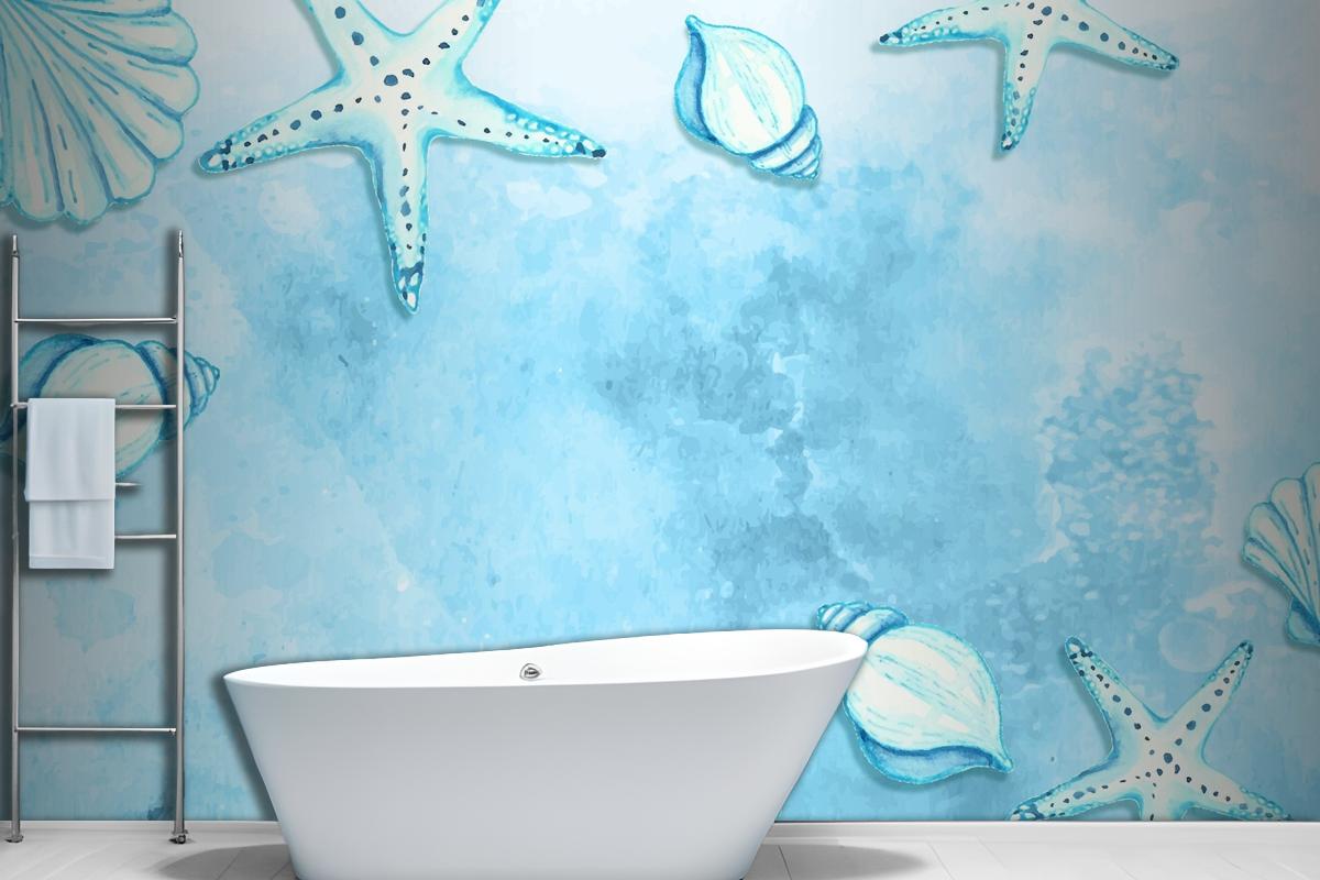 Watercolor Summer Background With Starfish And Shells Wallpaper Mural