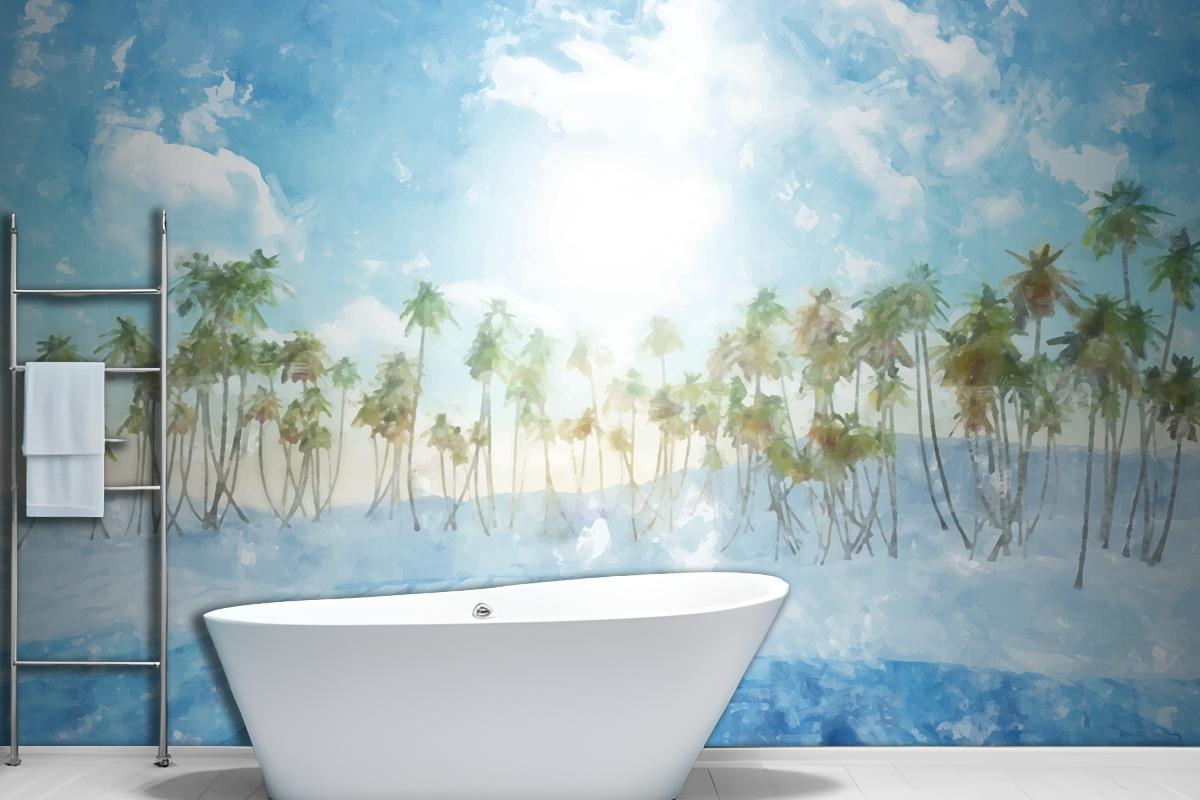 Watercolor Summer Tropical Background Bathroom Wallpaper Mural