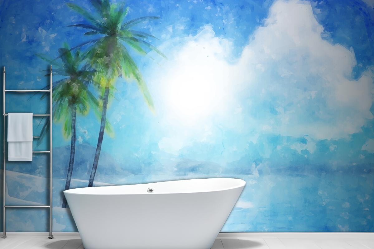 Watercolor Summer Tropical Bathroom Wallpaper Mural