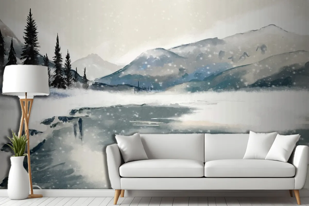 Watercolor Winter Landscape Living Room Wallpaper Mural