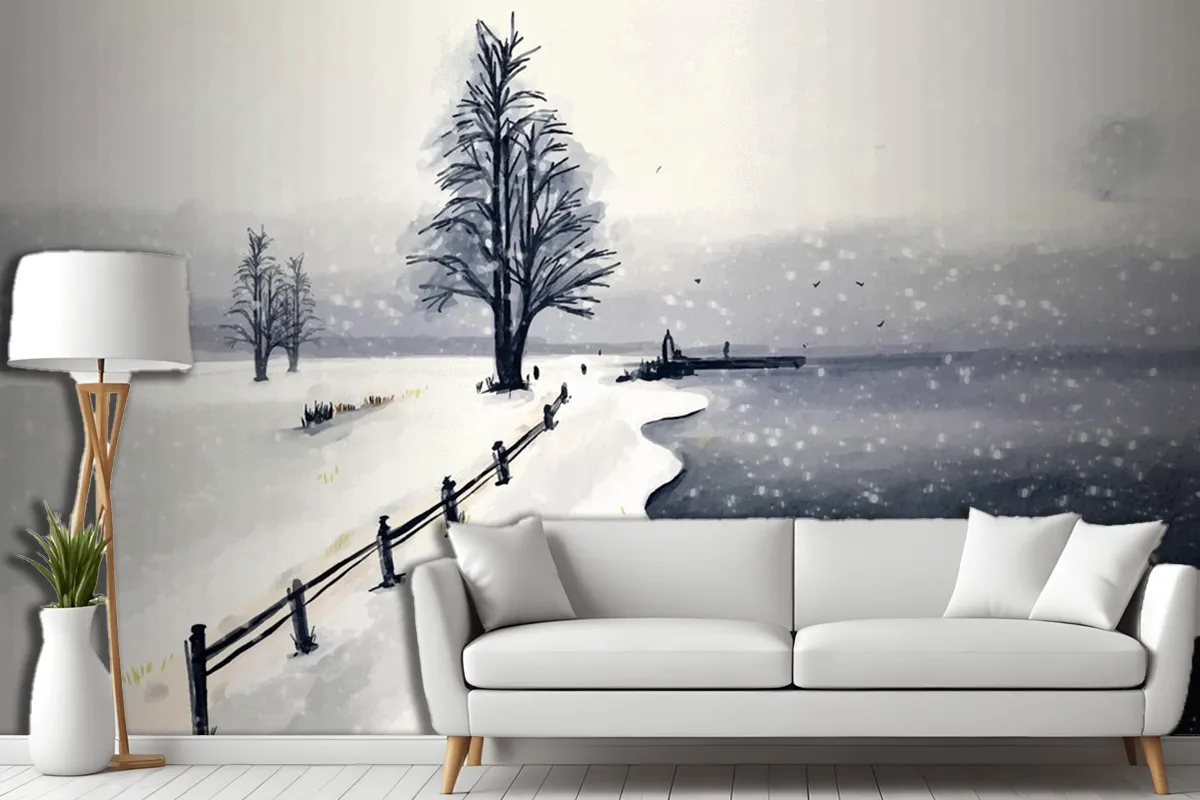 Watercolor Winter Landscape Wallpaper Mural