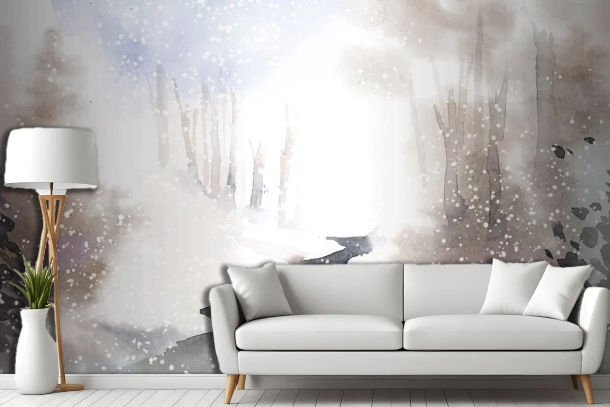 Winter Wonderland Landscape Painted By Watercolor Living Room Wallpaper Mural