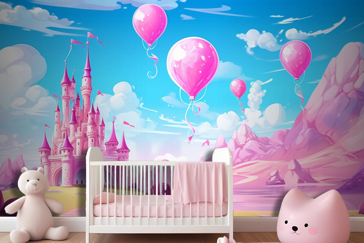 A Castle With Balloons And A Castle In The Background Wallpaper Mural