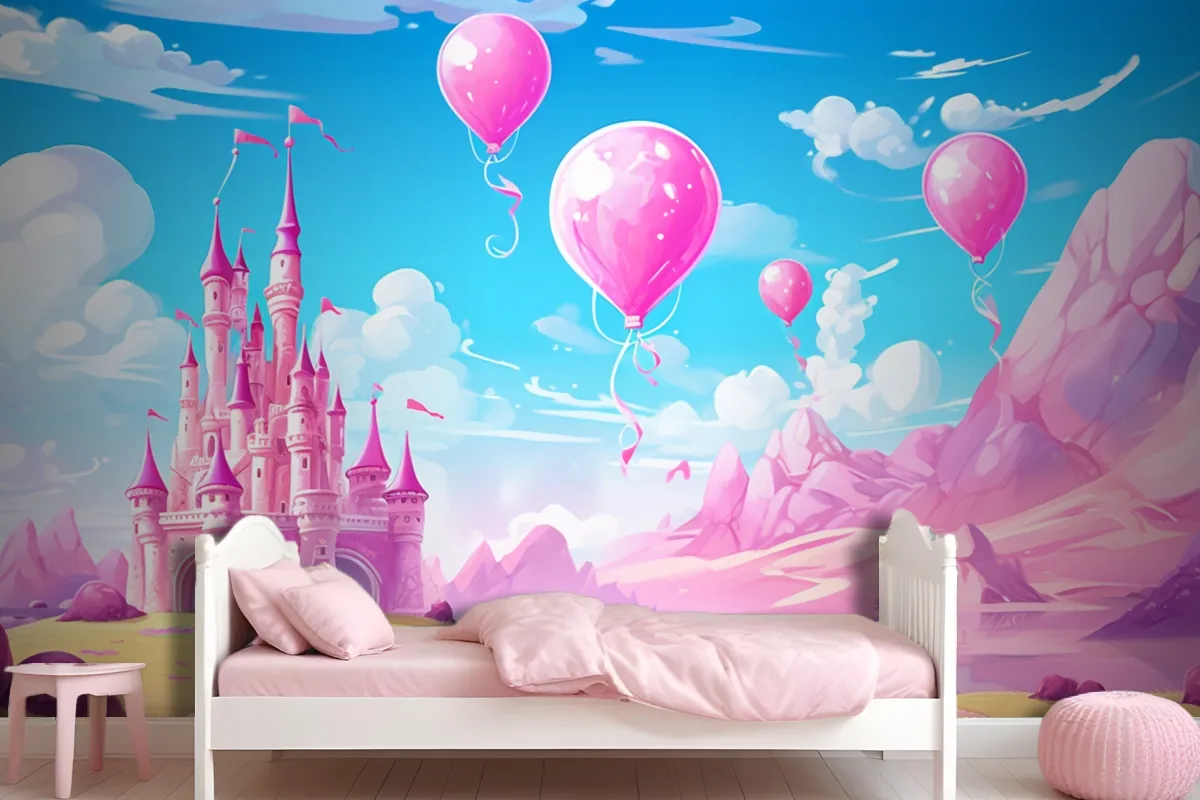 A Castle With Balloons And A Castle In The Background Wallpaper Mural