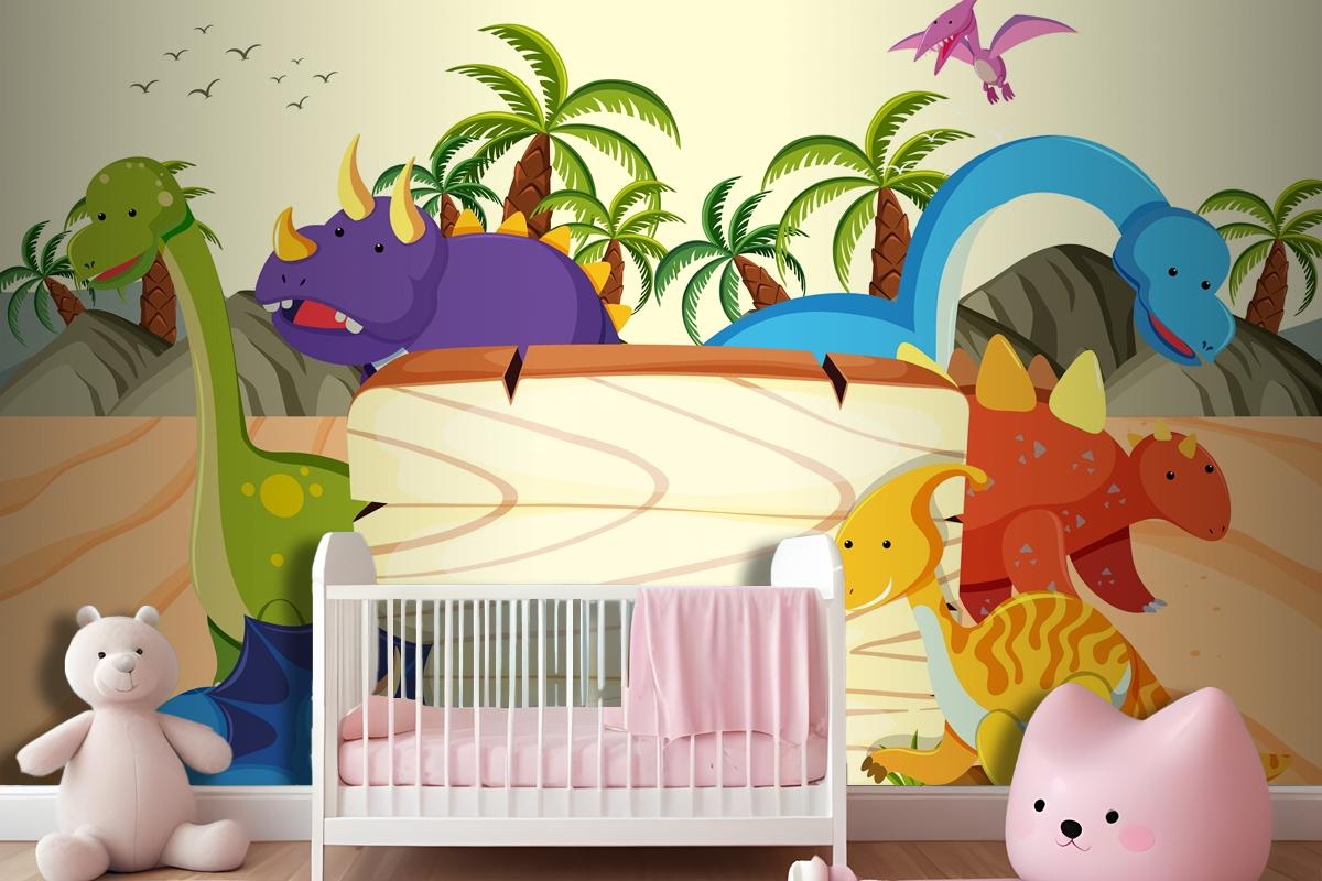 A Dinosaur Wooden Board Template Wallpaper Mural