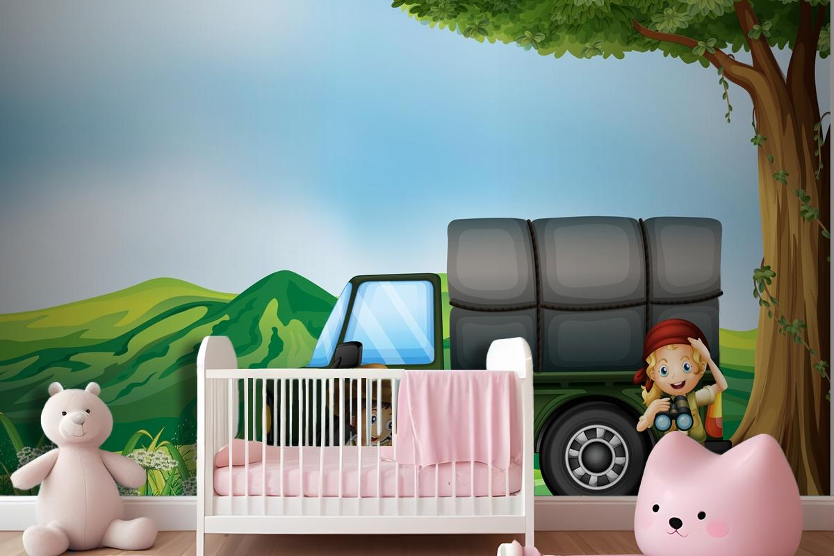 A Girl And A Boy Beside The Green Truck Wallpaper Mural