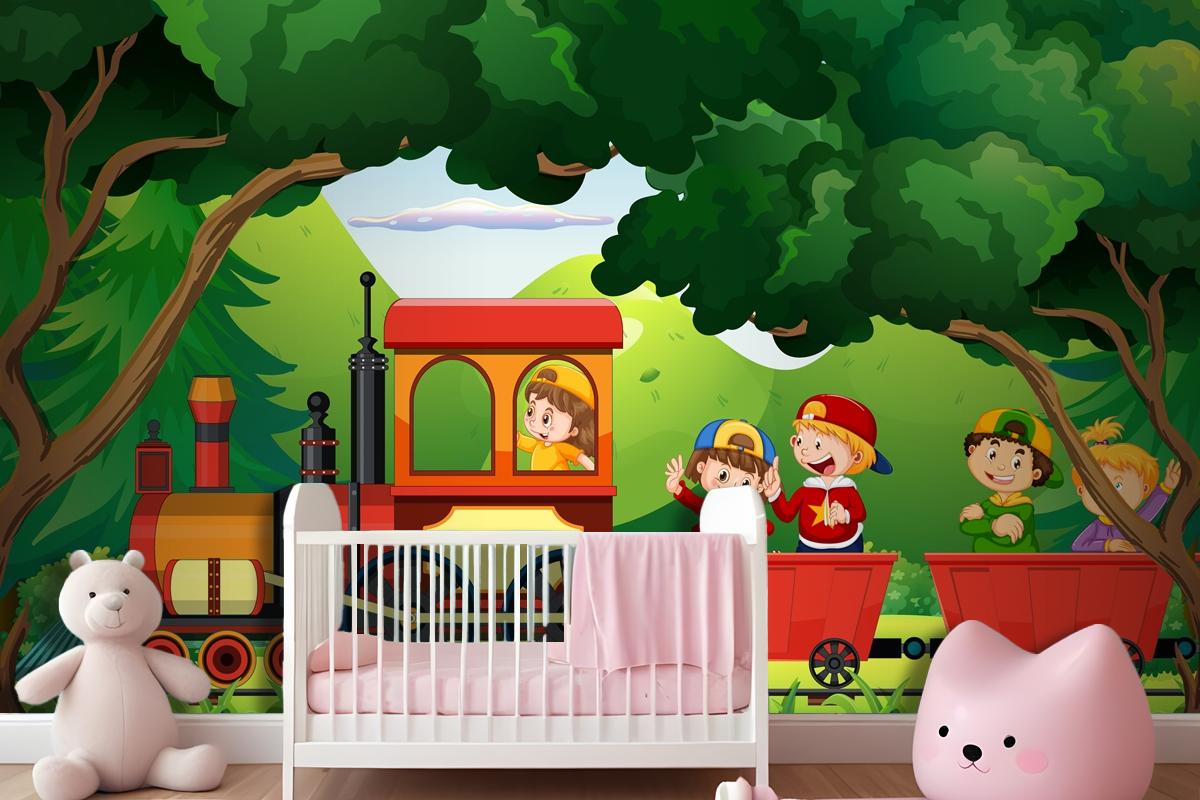 A Kids In A Train With Natural Scene Wallpaper Mural