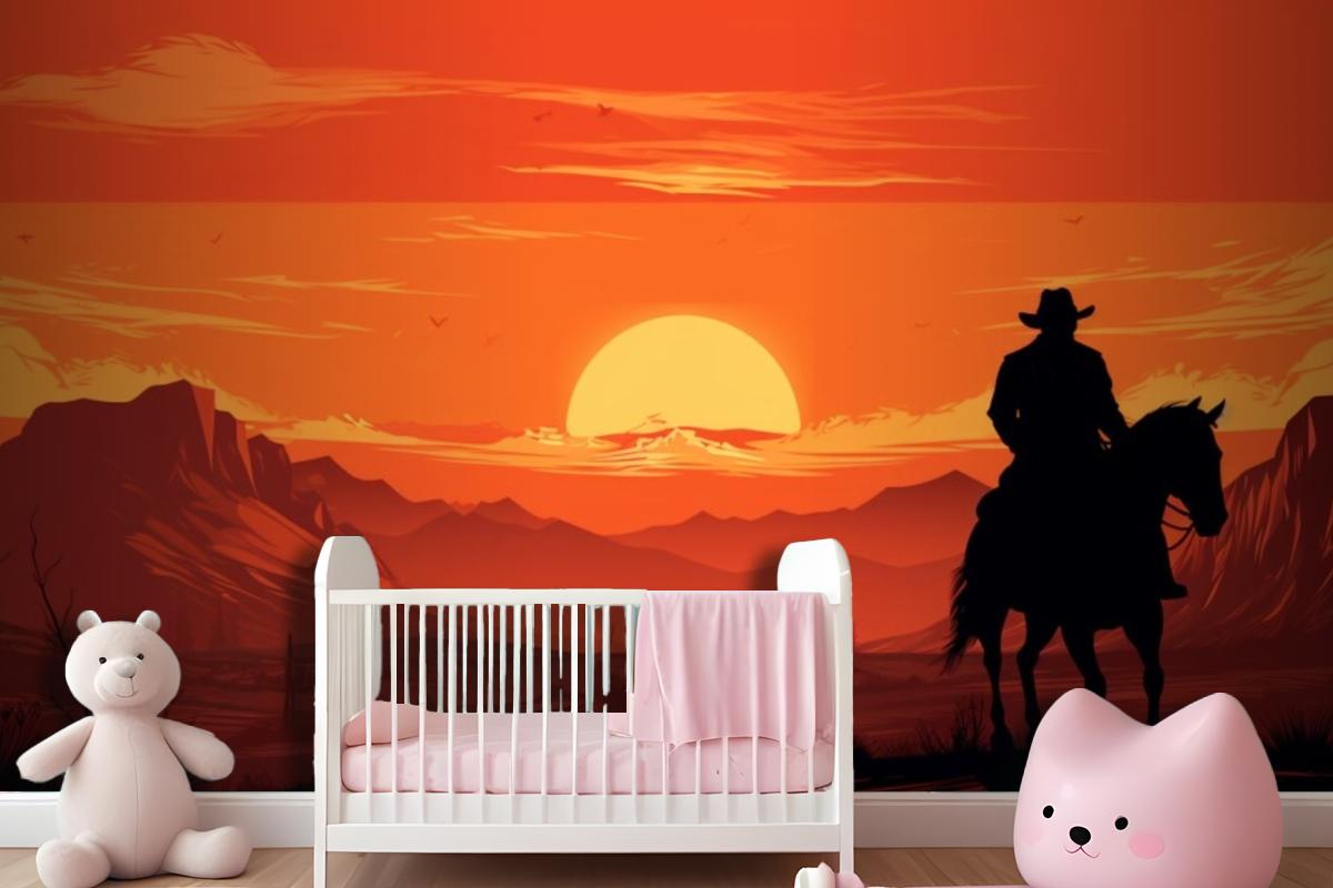 A Painting Of A Cowboy Riding A Horse In Front Of A Sunset Wallpaper Mural