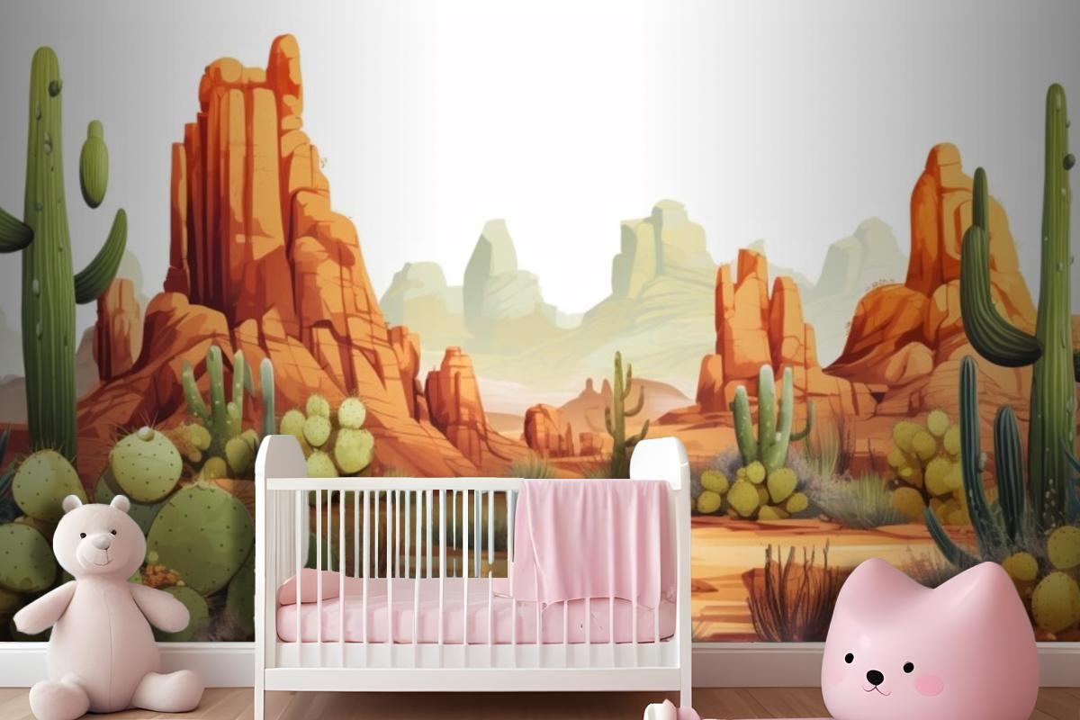 A Painting Of A Desert Landscape With Cactus And Desert Landscape Wallpaper Mural