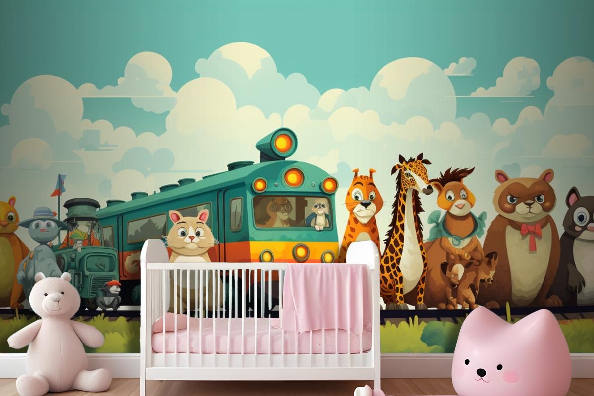 A Train With Animals On The Top And A Train With The Words Giraffes On The Front Wallpaper Mural