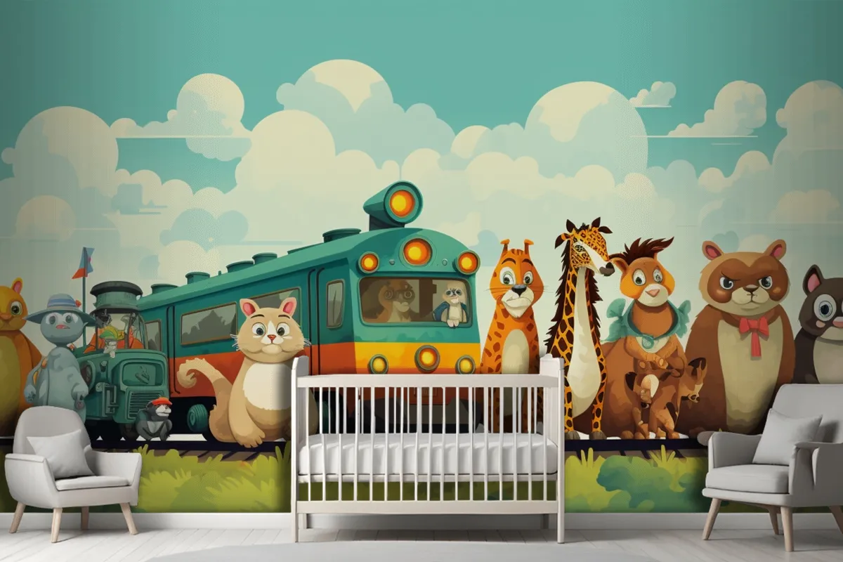 A Train With Animals On The Top And A Train With The Words Giraffes On The Front Wallpaper Mural