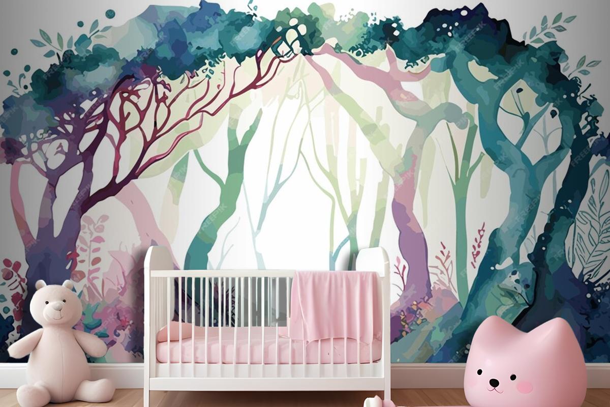 A Watercolor Painting Of A Forest With A Path Leading To It Wallpaper Mural