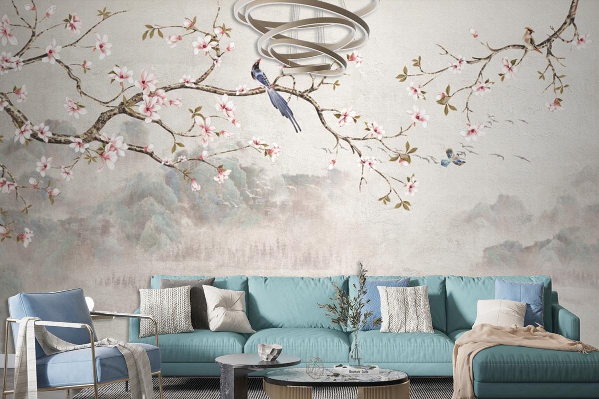 Chinoiserie With Cherry Blossom Flowers And Bird Wallpaper Mural