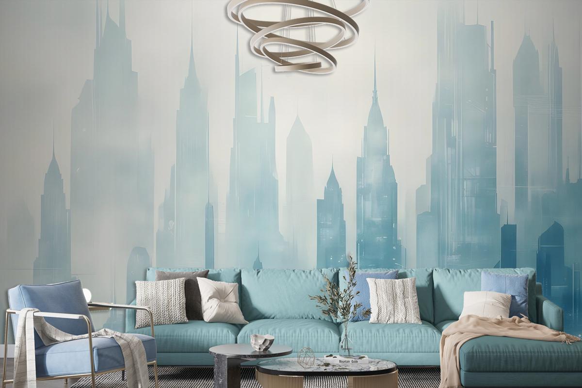 Abstract Blue Monochrome City Landscape Wallpaper Mural