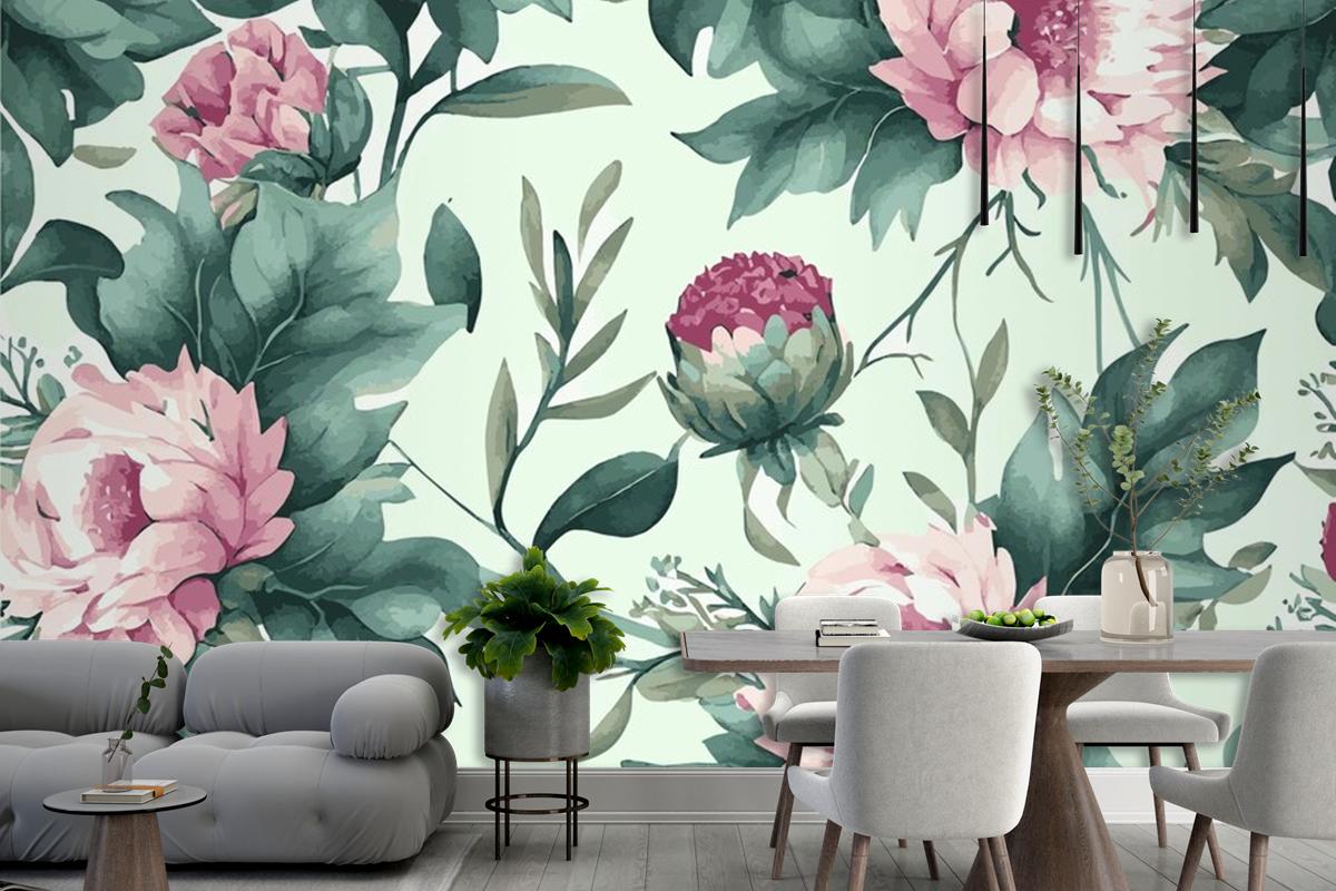 Abstract Floral Art  Botanical Watercolor Hand Drawn Flowers Wallpaper Mural